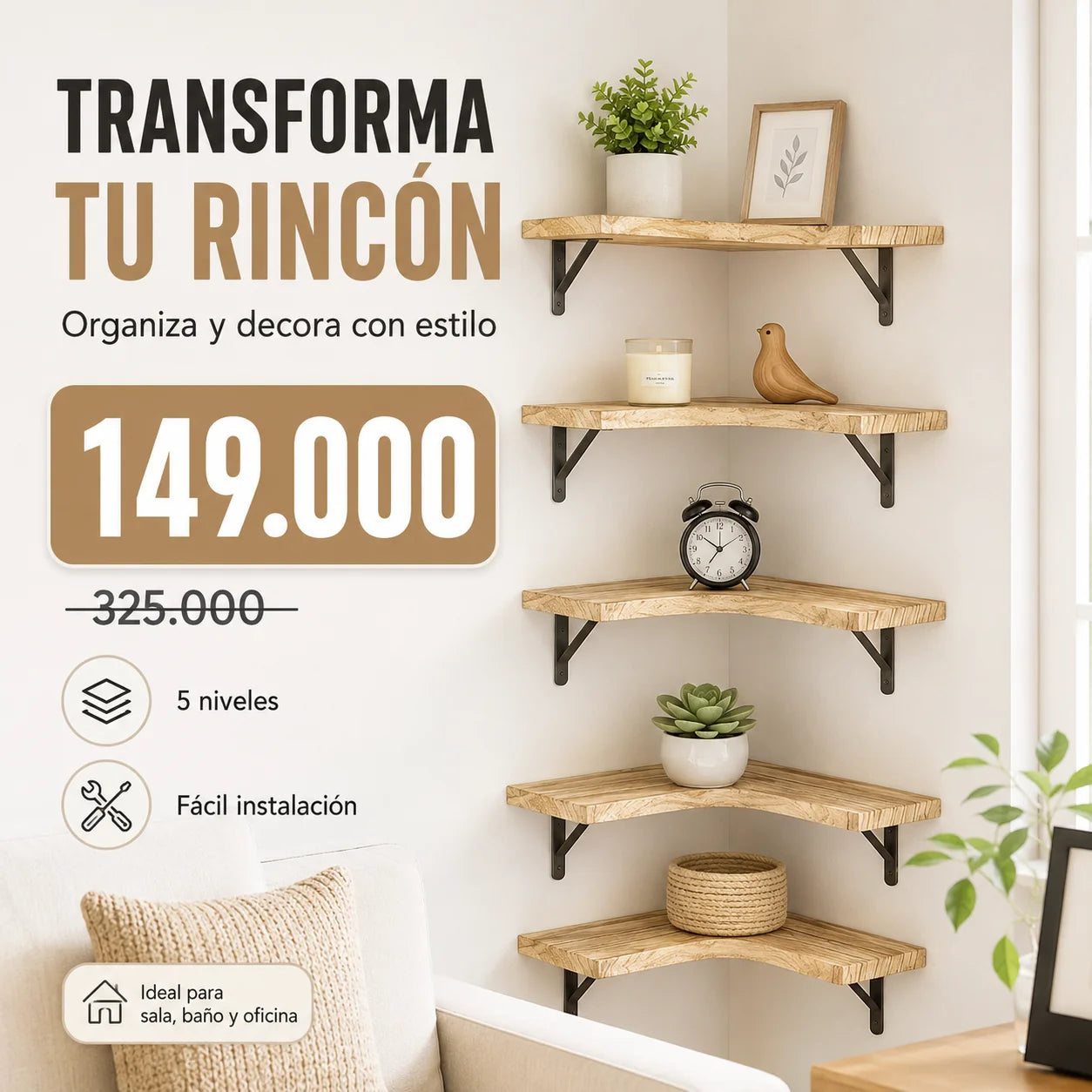 Repisa Esquinera Modular 5 Niveles – Estantería Flotante Decorativa para Sala, Baño y Oficina