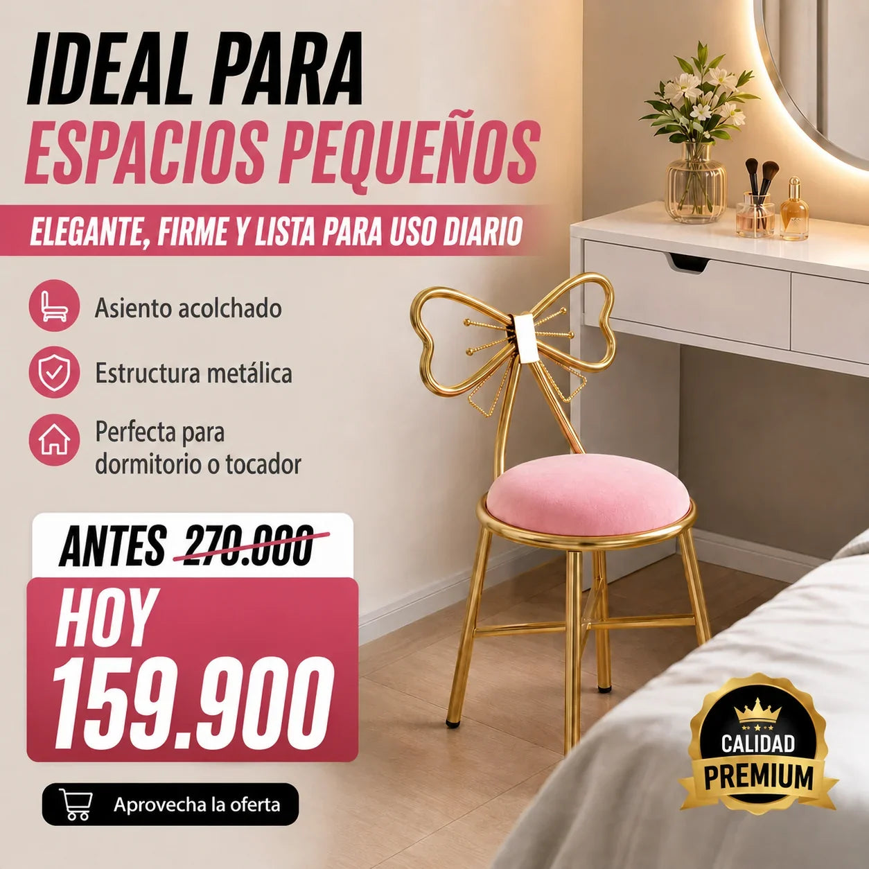 Silla Tocador Mariposa Dorada Acolchada Premium TT
