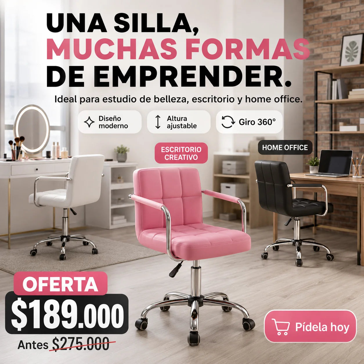 Silla Multifuncional Giratoria 360° para Oficina, Tocador y Salón