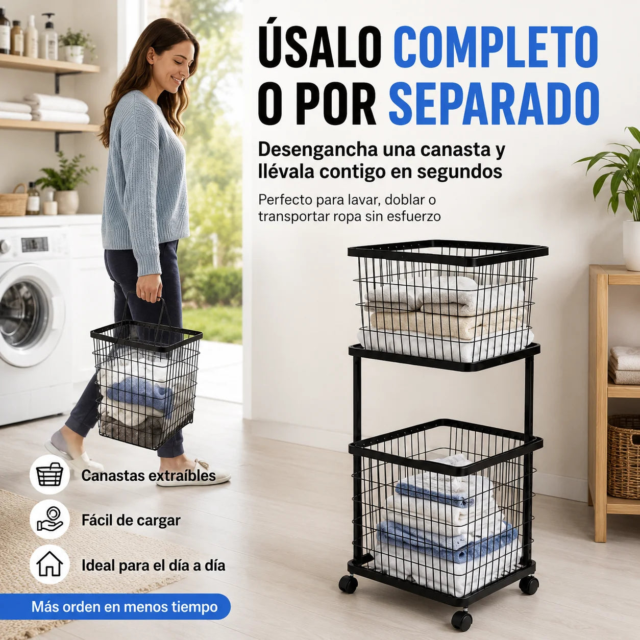 Carrito Organizador Metálico de Lavandería con 2 Canastas Extraíbles y Ruedas 360°