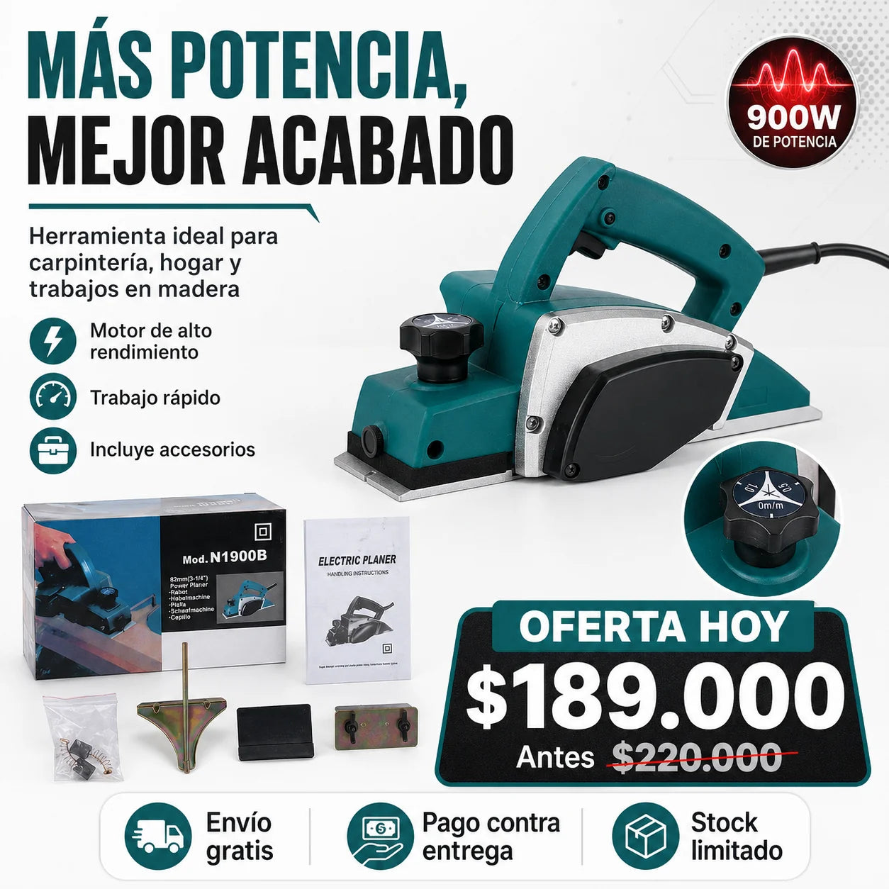 Cepillo Eléctrico Inalámbrico 18V para Madera – Acabado Profesional y Corte Preciso