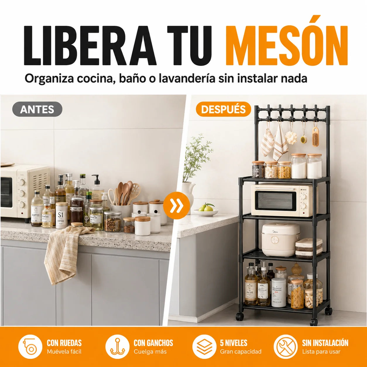 Estantería Metálica  Organizadora Multiusos con Ruedas y Ganchos – 5 Niveles