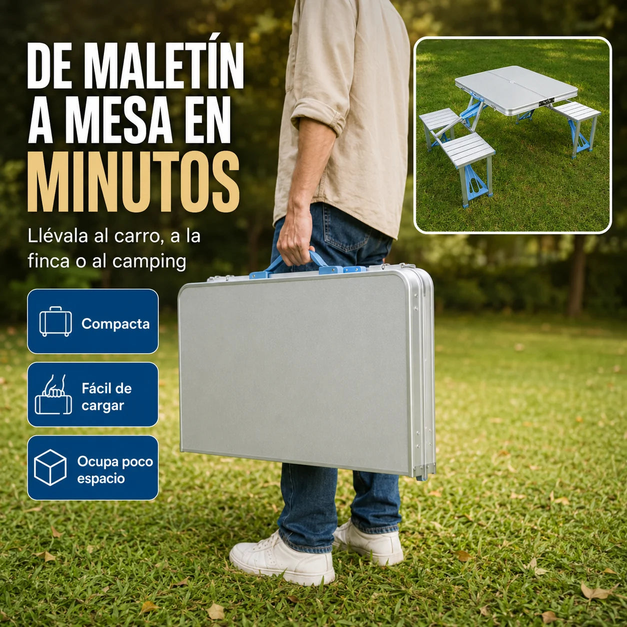 Mesa Plegable Portátil 4 Puestos Tipo Maletín para Picnic, Camping y Asados