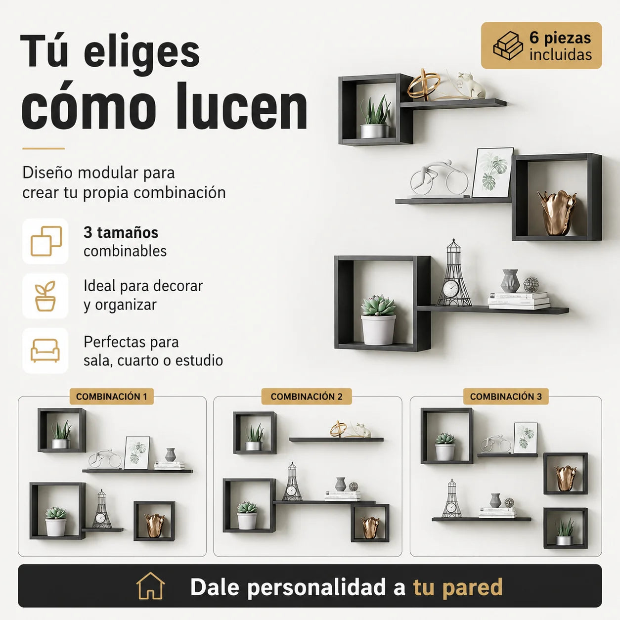 Set x6 Repisas Flotantes Modulares de Madera Premium para Pared