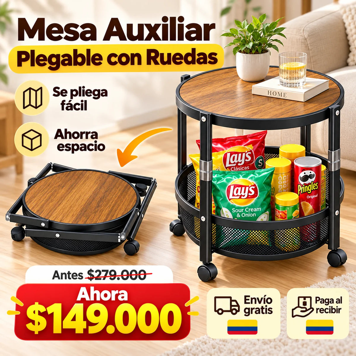 Mesa Auxiliar Plegable 2 en 1 con Ruedas y Canasta Organizadora