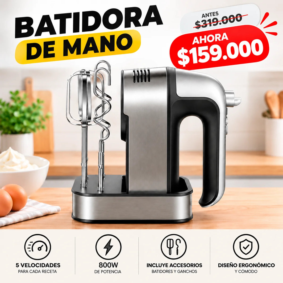 Batidora de Mano 3 en 1 de 800W | 5 Velocidades + Accesorios para Repostería