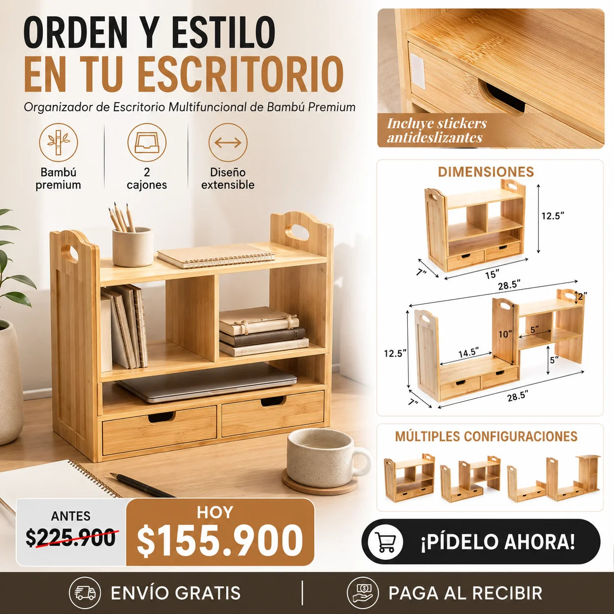 Organizador de Escritorio Multifuncional de Bambú Premium con Cajón