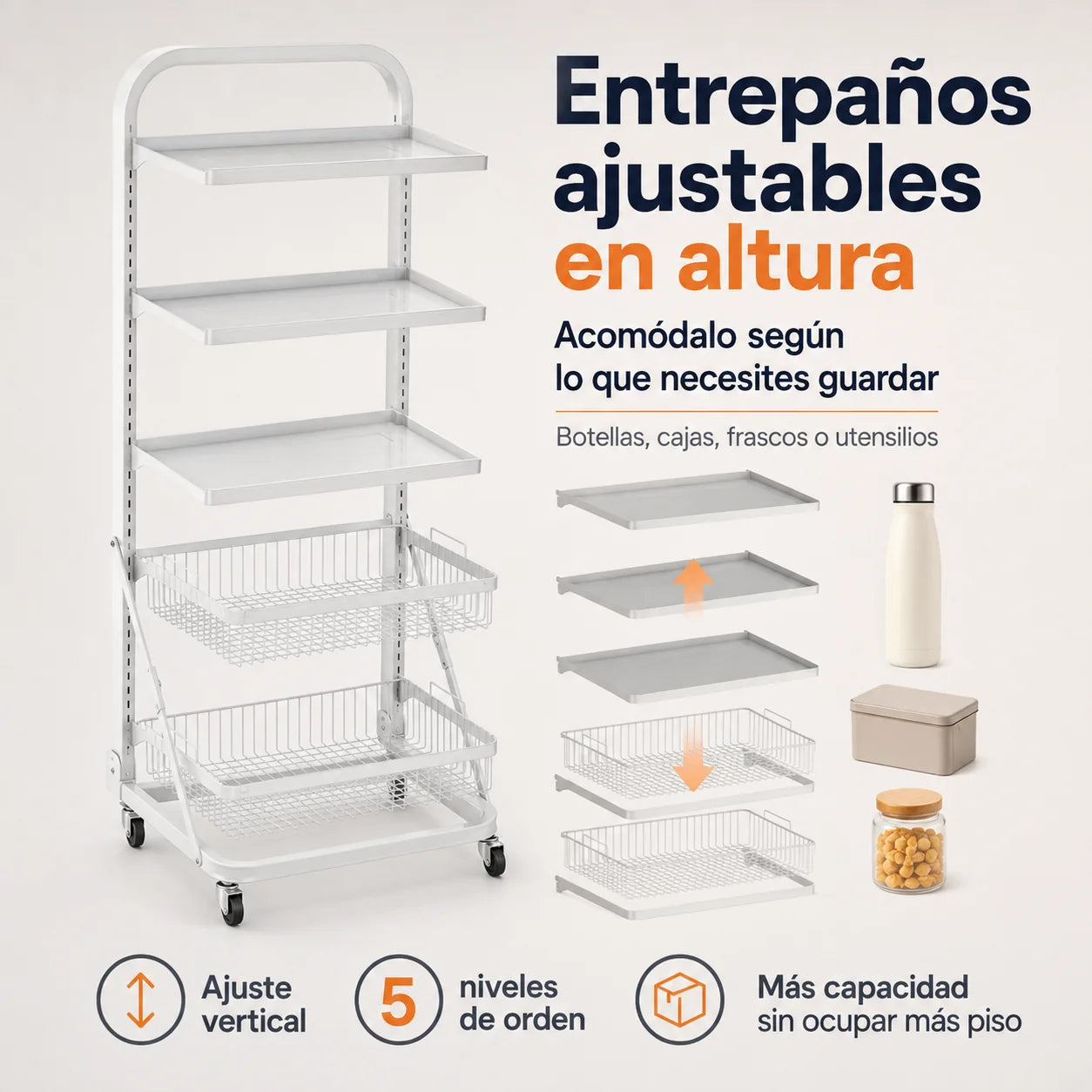Organizador Metálico Multiusos 5 Niveles con Entrepaños Ajustables en Altura