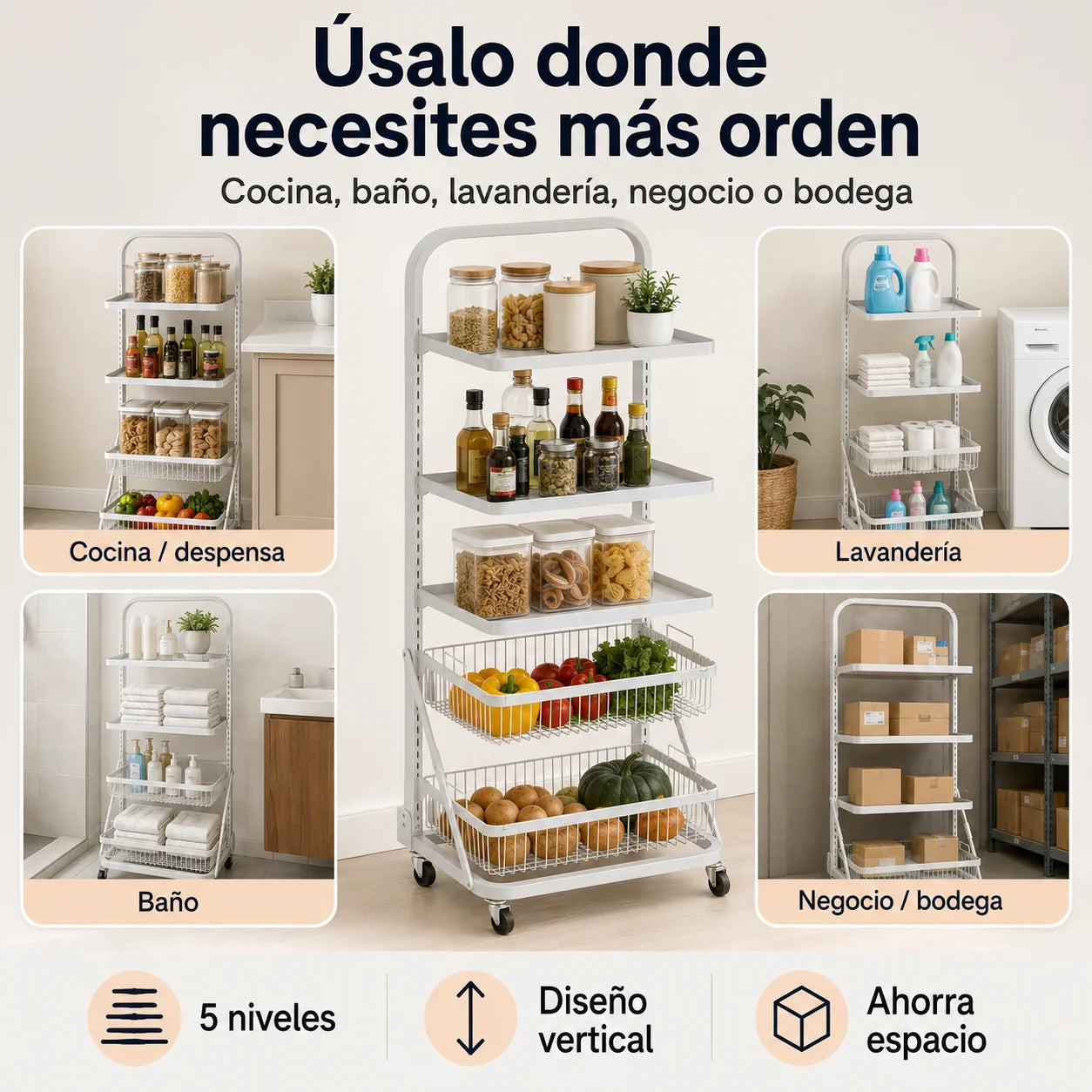 Organizador Metálico Multiusos 5 Niveles con Entrepaños Ajustables en Altura