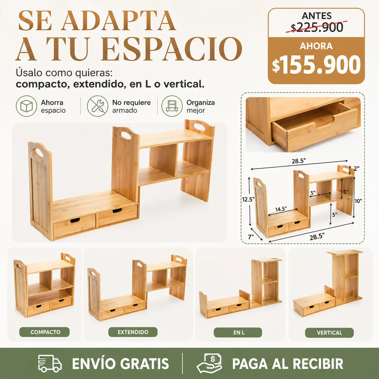 Organizador de Escritorio Multifuncional de Bambú Premium con Cajón