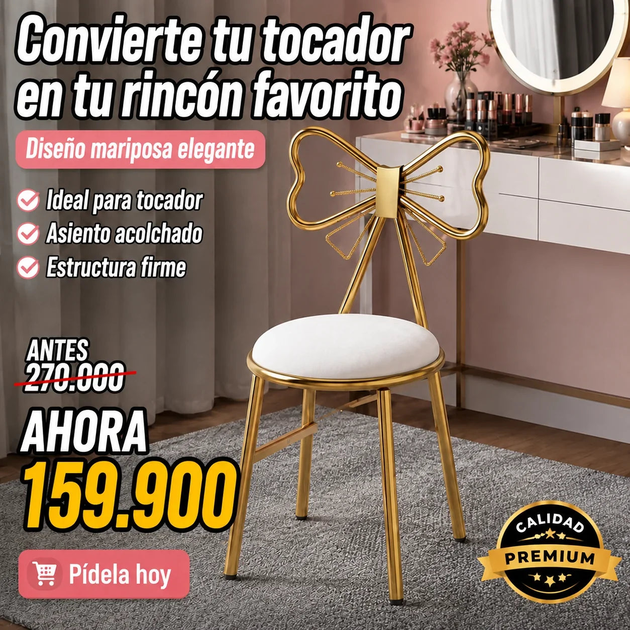 Silla Tocador Mariposa Dorada Acolchada Premium TT