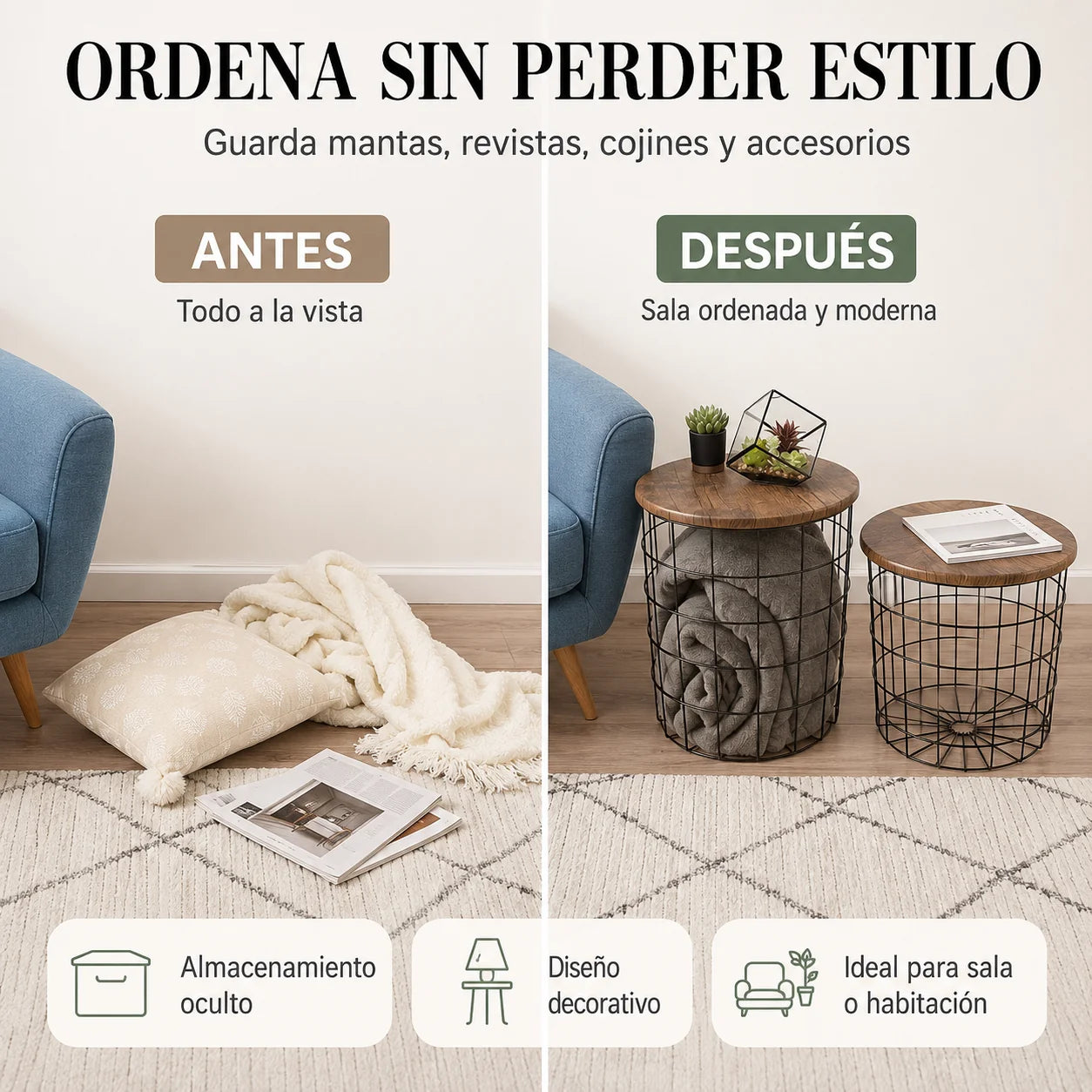 Set x2 Mesas Auxiliares Metálicas con Tapa de Madera y Almacenamiento
