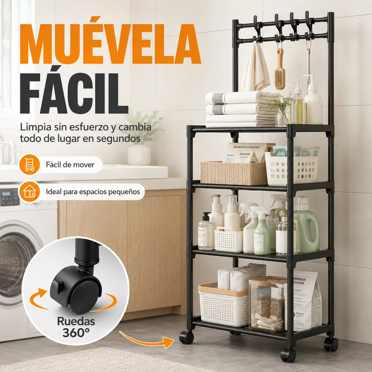 Estantería Metálica  Organizadora Multiusos con Ruedas y Ganchos – 5 Niveles