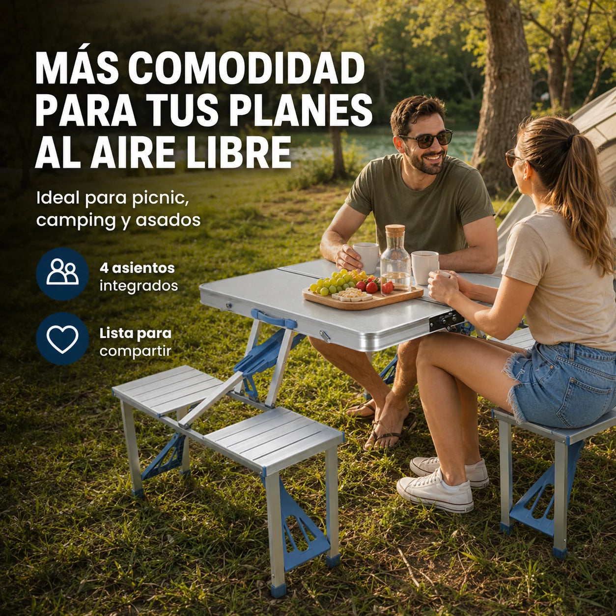 Mesa Plegable Portátil 4 Puestos Tipo Maletín para Picnic, Camping y Asados