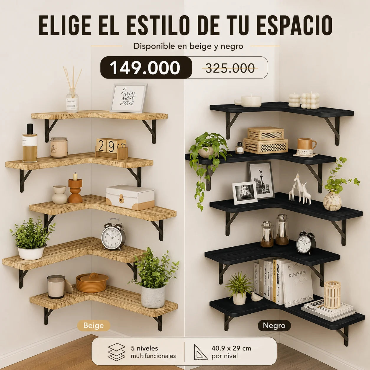 Repisa Esquinera Modular 5 Niveles – Estantería Flotante Decorativa para Sala, Baño y Oficina