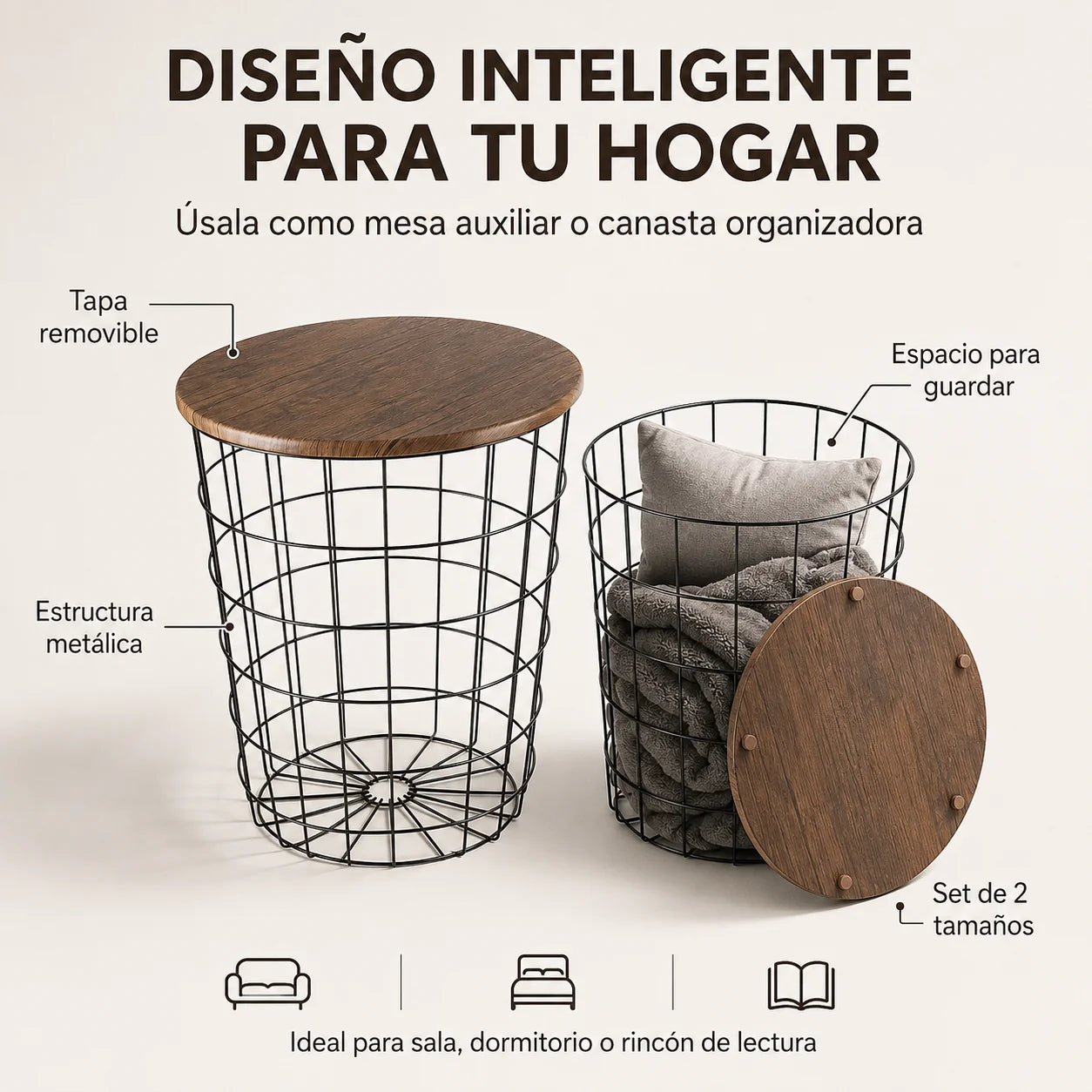Set x2 Mesas Auxiliares Metálicas con Tapa de Madera y Almacenamiento
