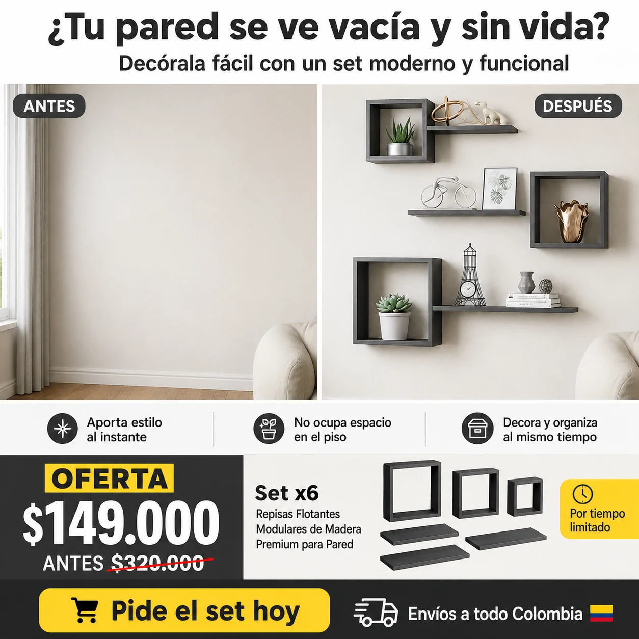 Set x6 Repisas Flotantes Modulares de Madera Premium para Pared