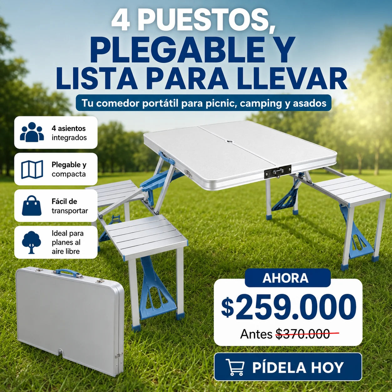Mesa Plegable Portátil 4 Puestos Tipo Maletín para Picnic, Camping y Asados
