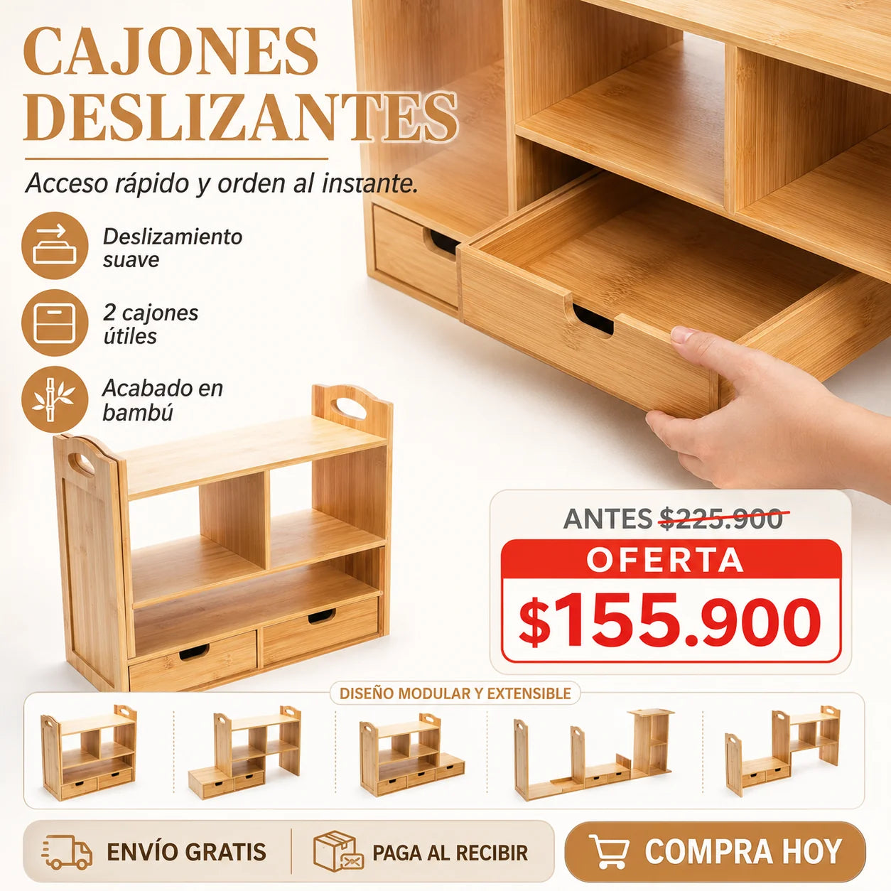 Organizador de Escritorio Multifuncional de Bambú Premium con Cajón