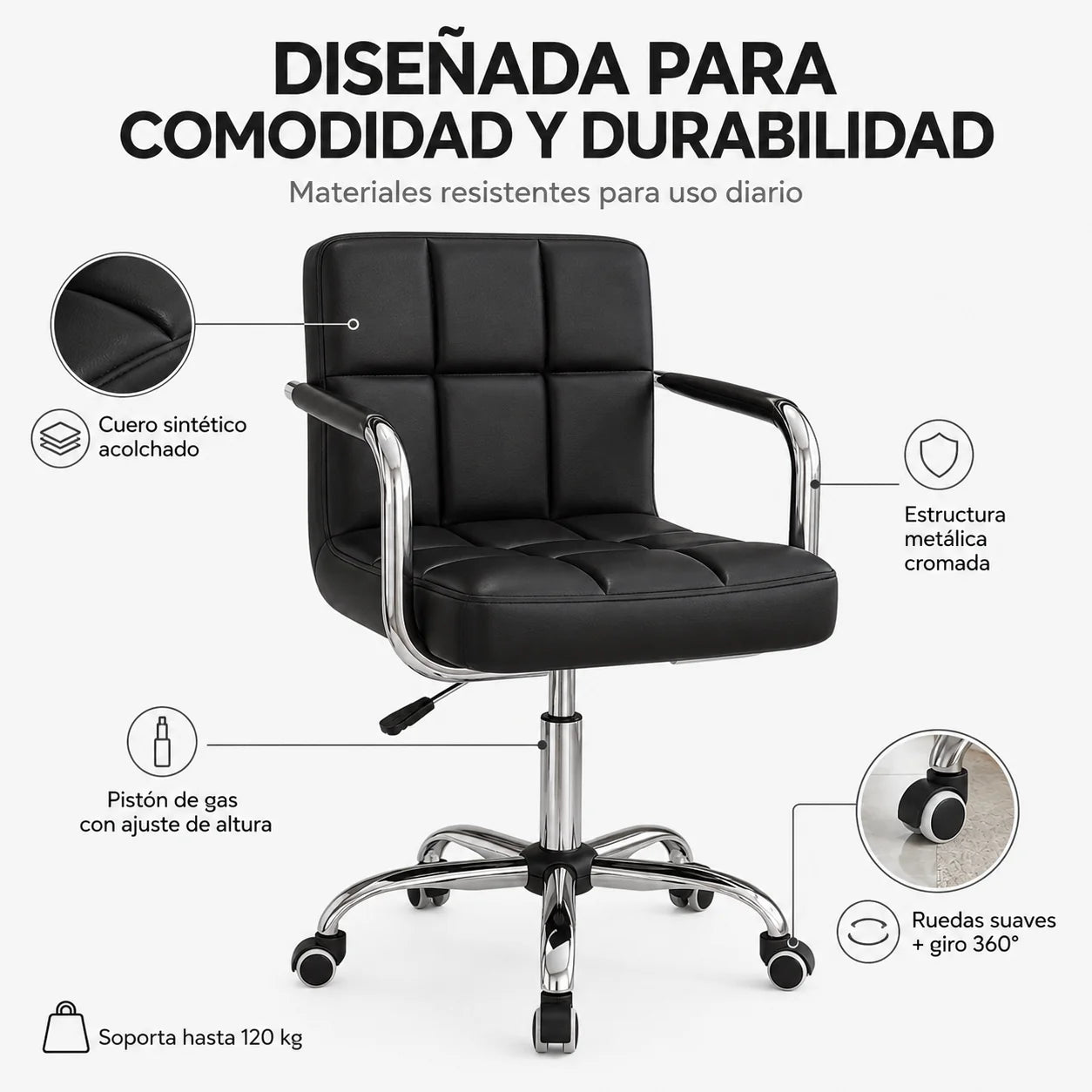 Silla Multifuncional Giratoria 360° para Oficina, Tocador y Salón