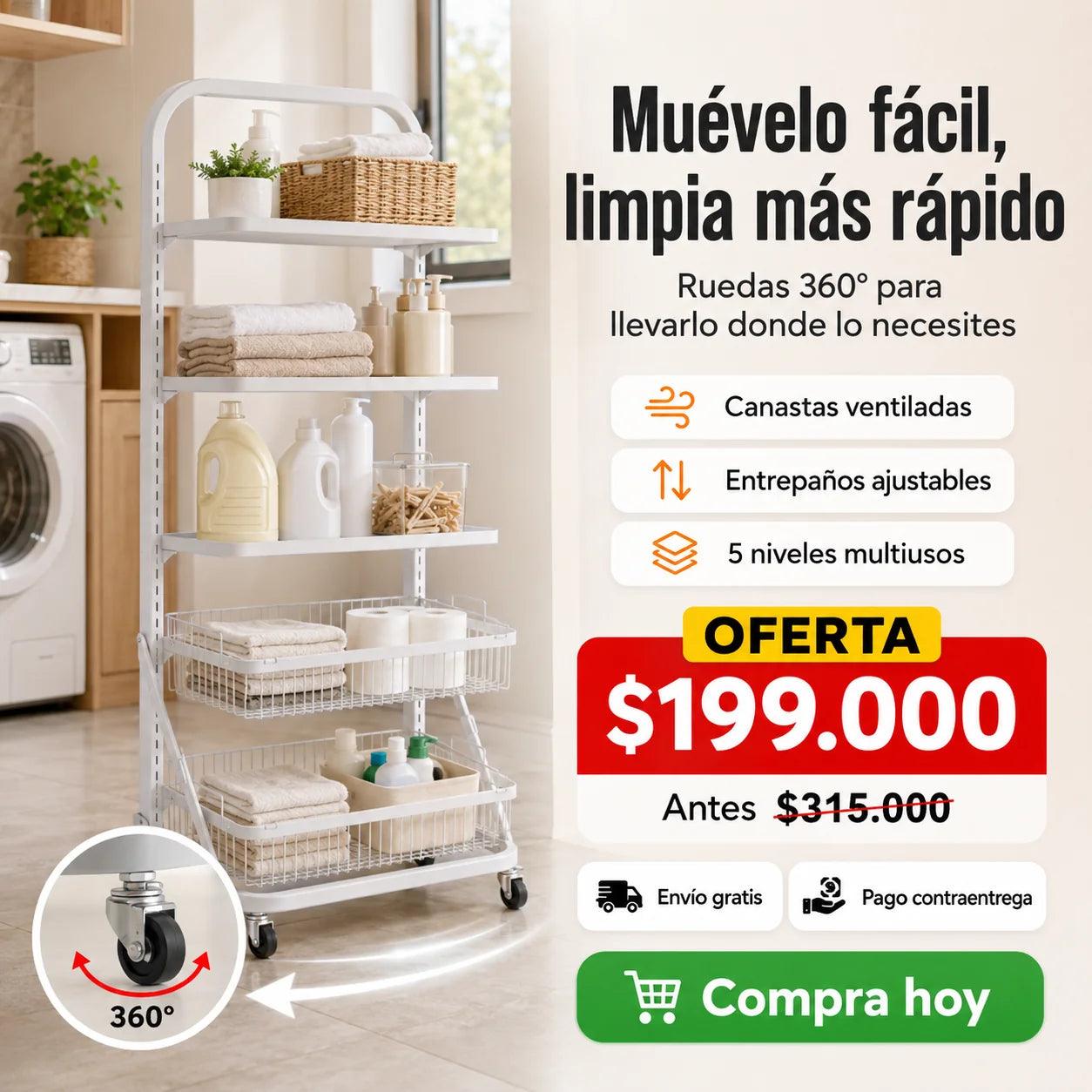 Organizador Metálico Multiusos 5 Niveles con Entrepaños Ajustables en Altura