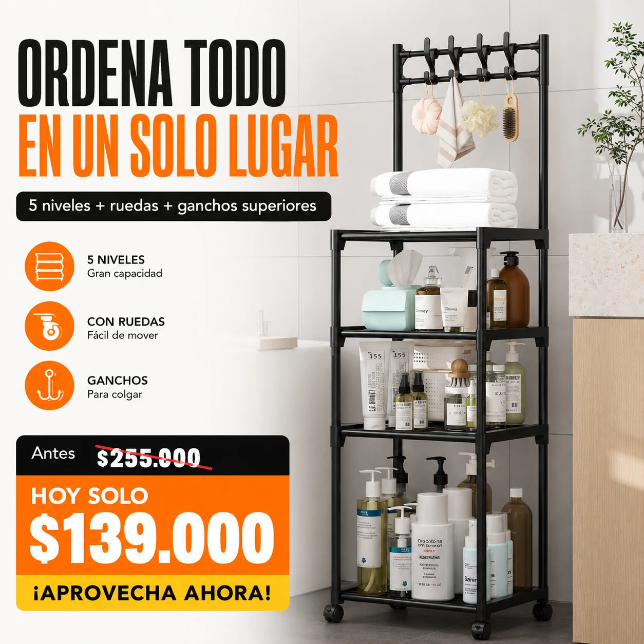 Estantería Metálica  Organizadora Multiusos con Ruedas y Ganchos – 5 Niveles