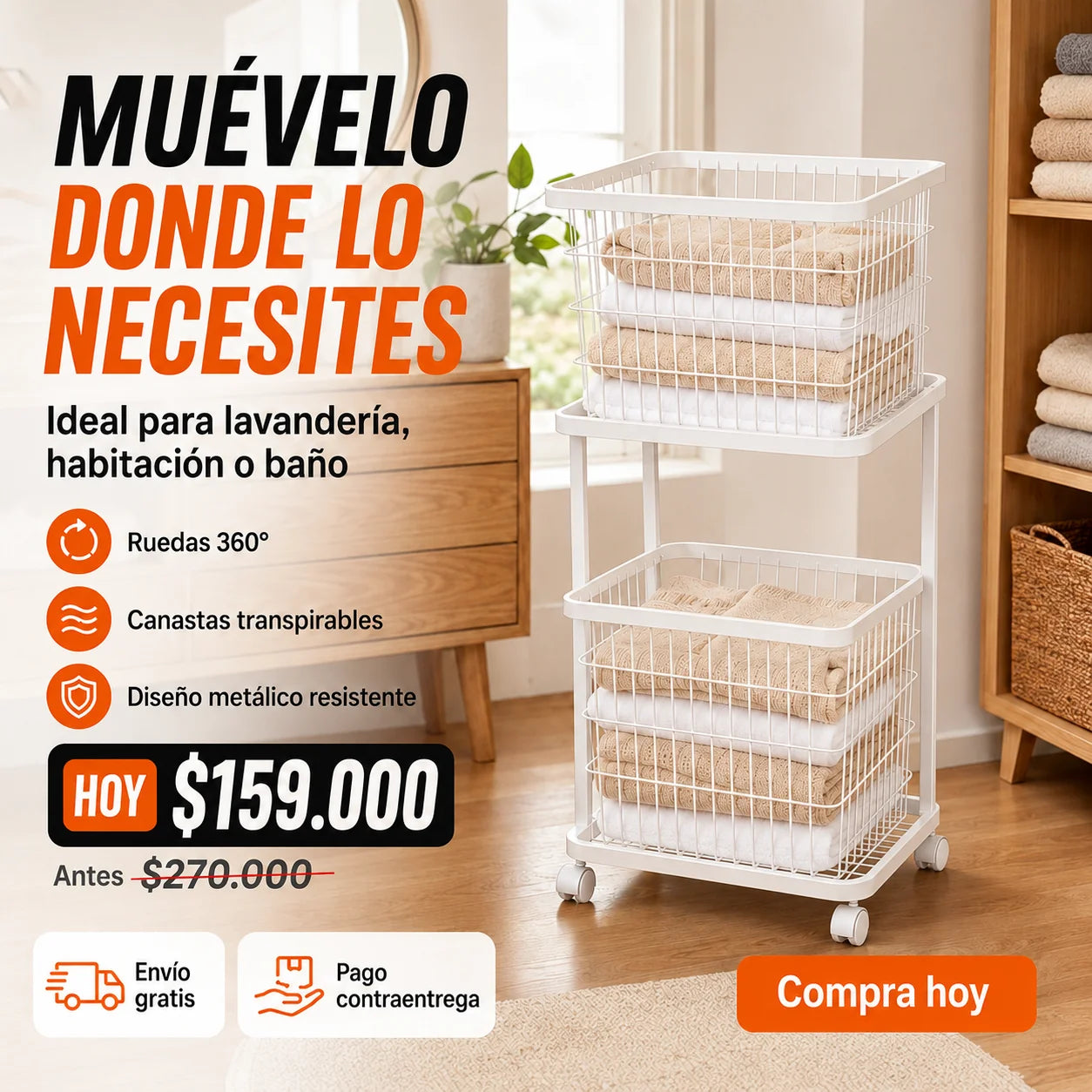 Carrito Organizador Metálico de Lavandería con 2 Canastas Extraíbles y Ruedas 360°