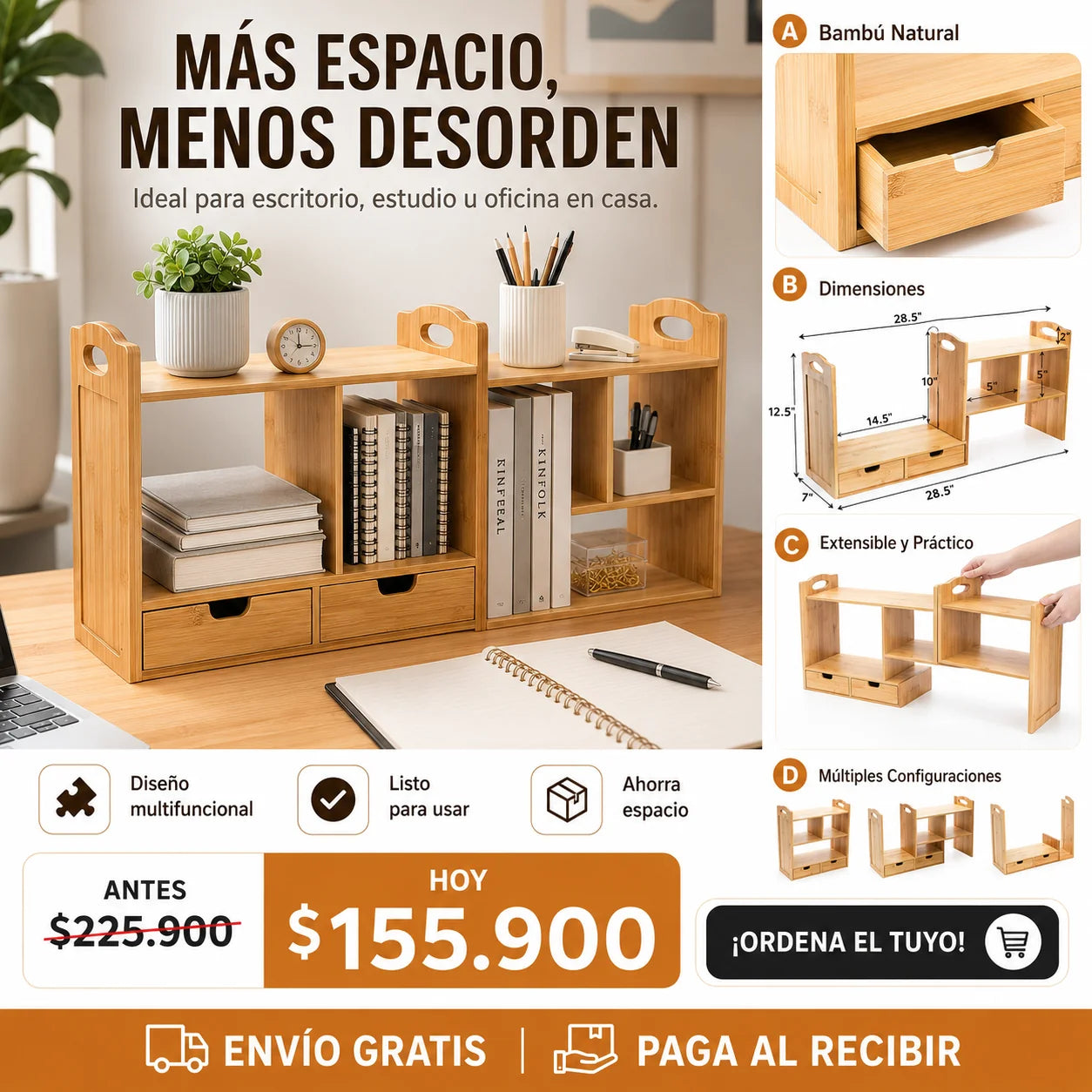 Organizador de Escritorio Multifuncional de Bambú Premium con Cajón