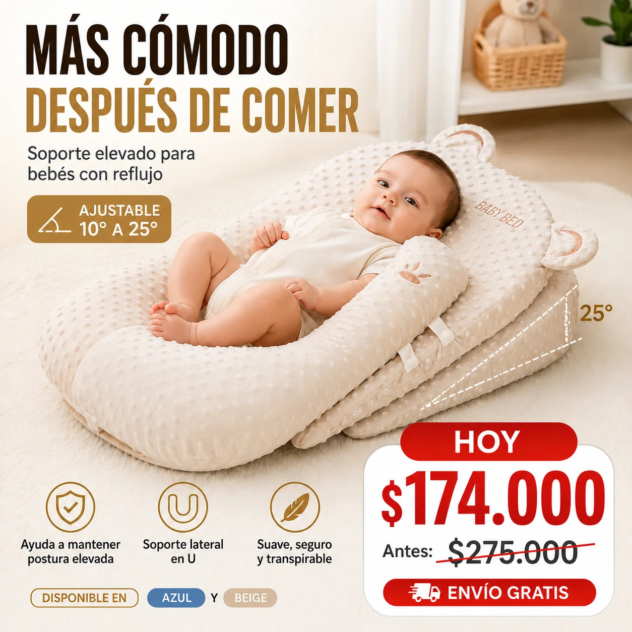 Almohada Antireflujo para Bebé con Soporte Ajustable  10º-25º