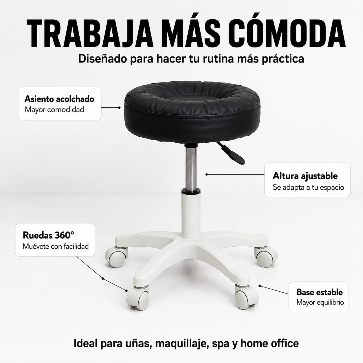Taburete Profesional Acolchado 360° con Ruedas y Altura Ajustable