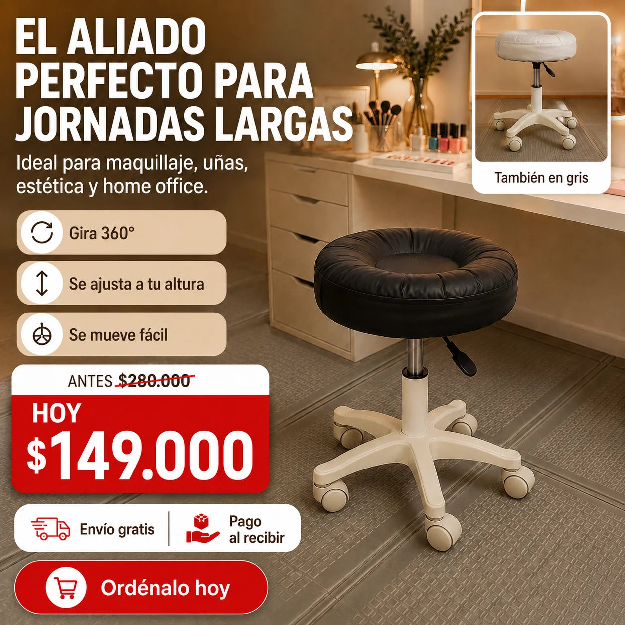 Taburete Profesional Acolchado 360° con Ruedas y Altura Ajustable