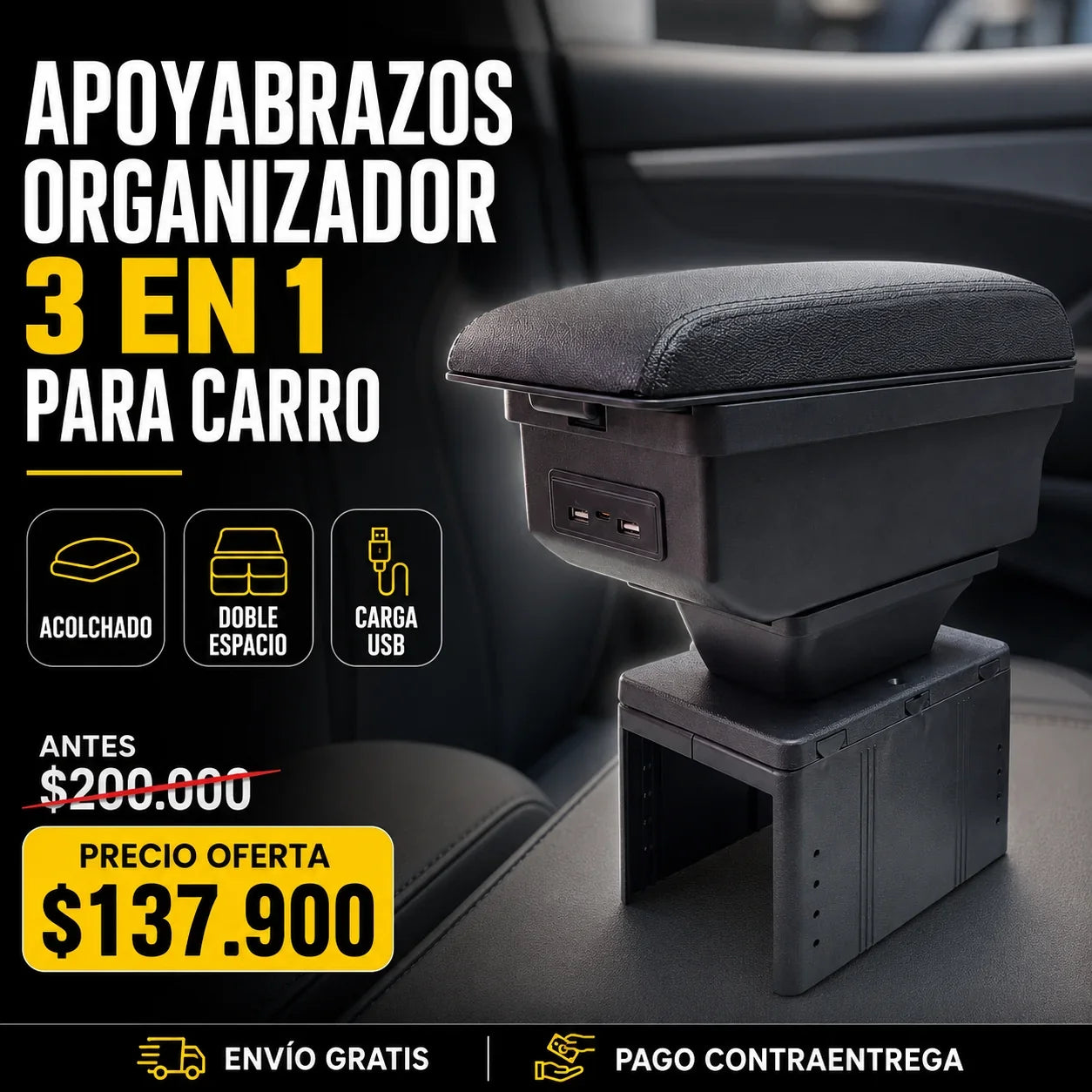 Cajonera apoyabrazos Universal 3 en 1 para Carro con Carga USB TT