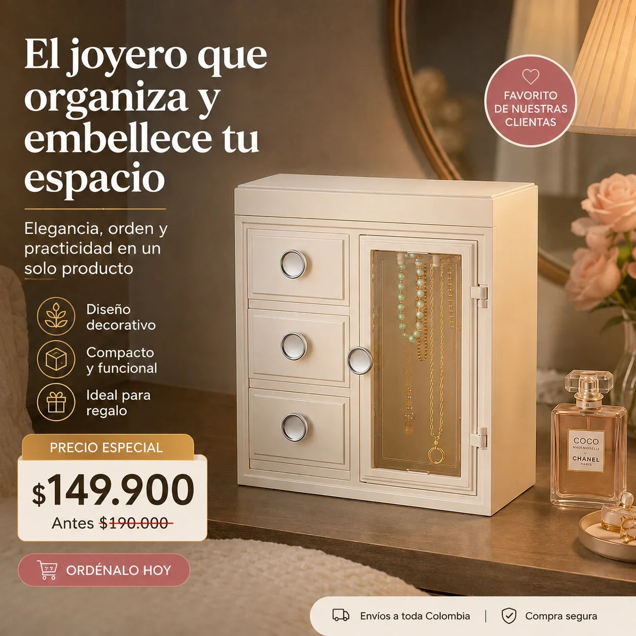 Joyero Europeo Organizador Premium con Espejo, Cajones y Compartimentos
