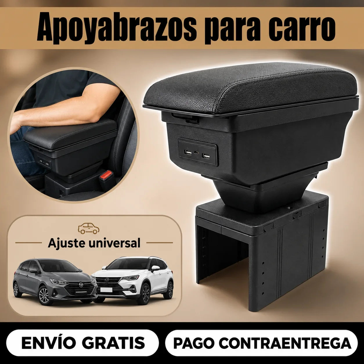 Cajonera apoyabrazos Universal 3 en 1 para Carro con Carga USB TT