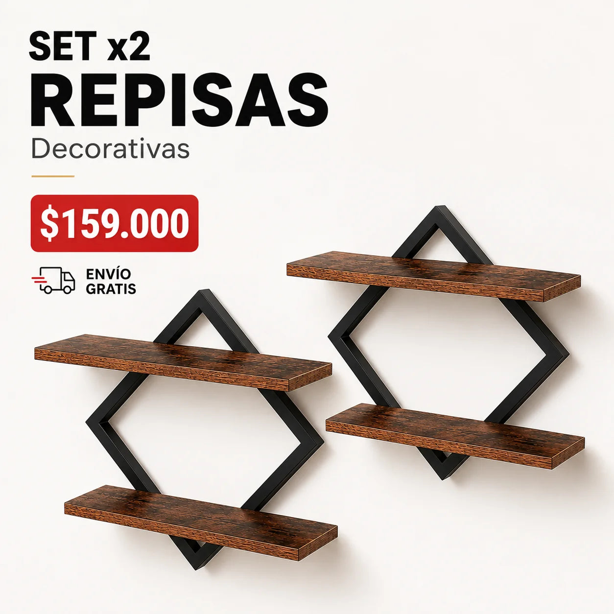Set x2 Repisas Flotantes Geométricas Premium en Madera