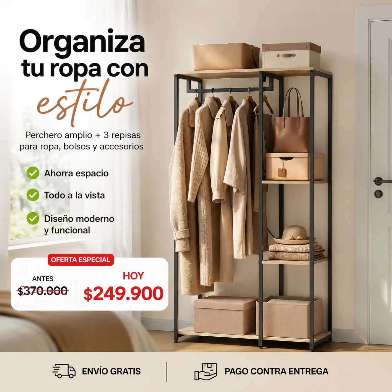 Clóset Organizador Abierto Premium con Perchero y 3 Repisas