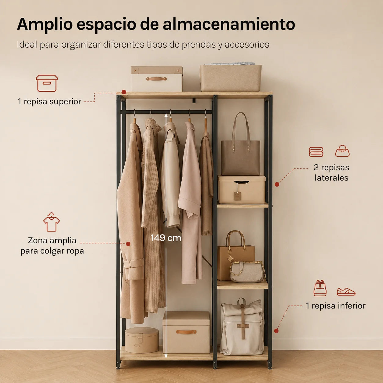 Clóset Organizador Abierto Premium con Perchero y 3 Repisas 167cm X 90cm