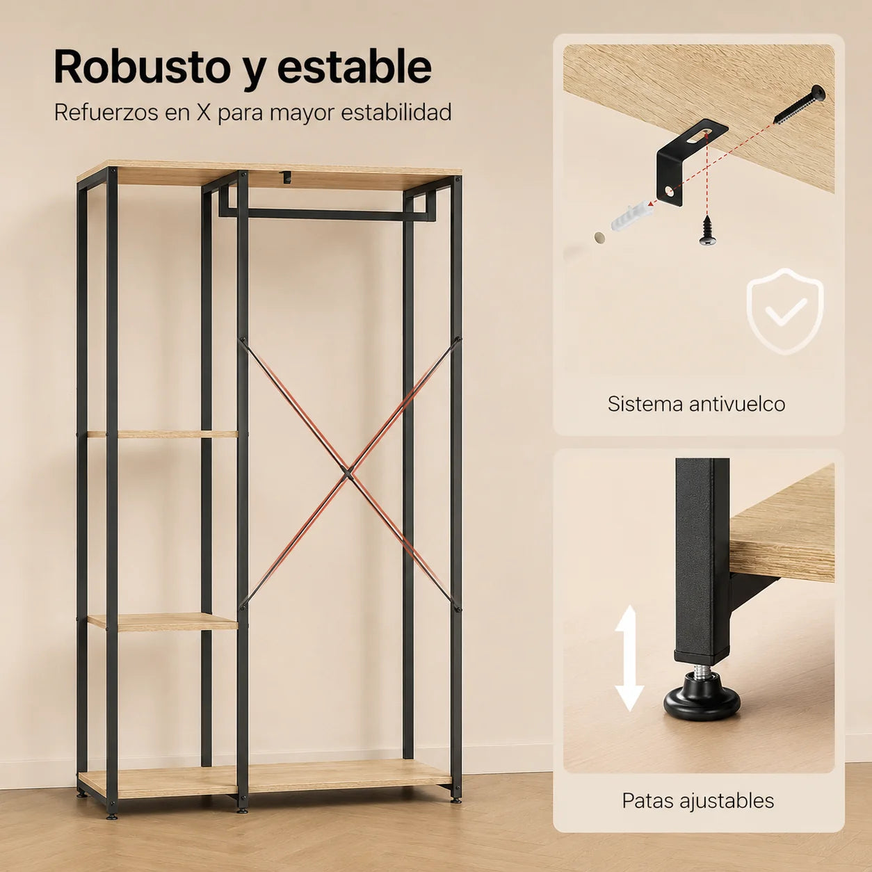 Clóset Organizador Abierto Premium con Perchero y 3 Repisas 167cm X 90cm