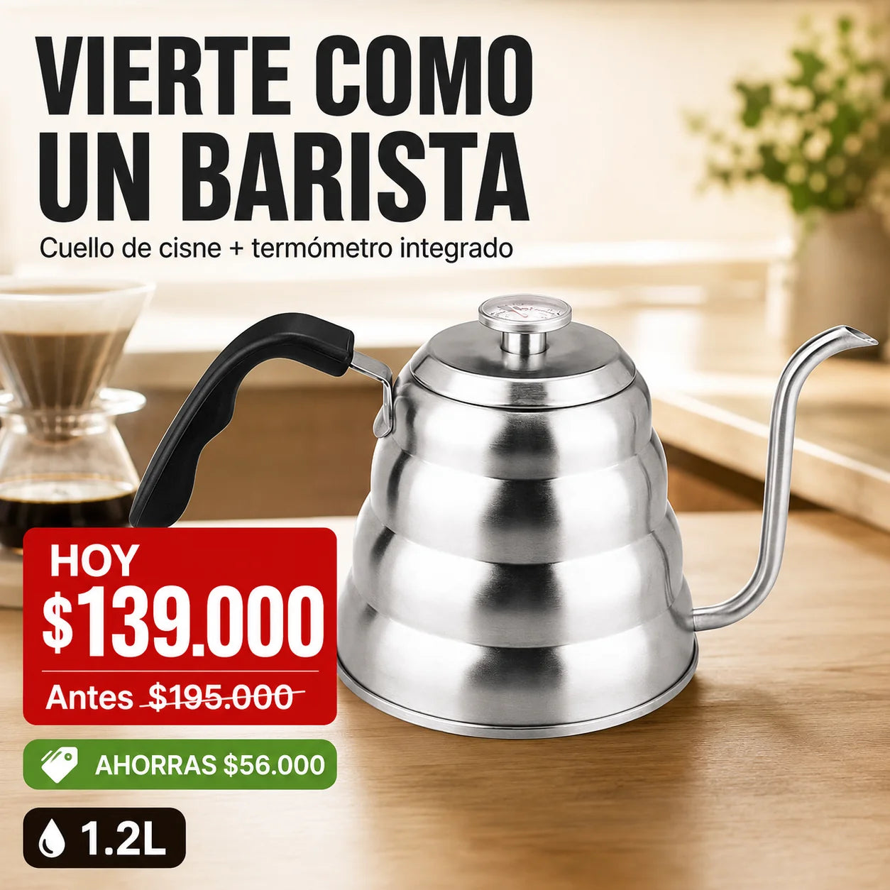 Tetera Cuello de Cisne 1.2L con Termómetro