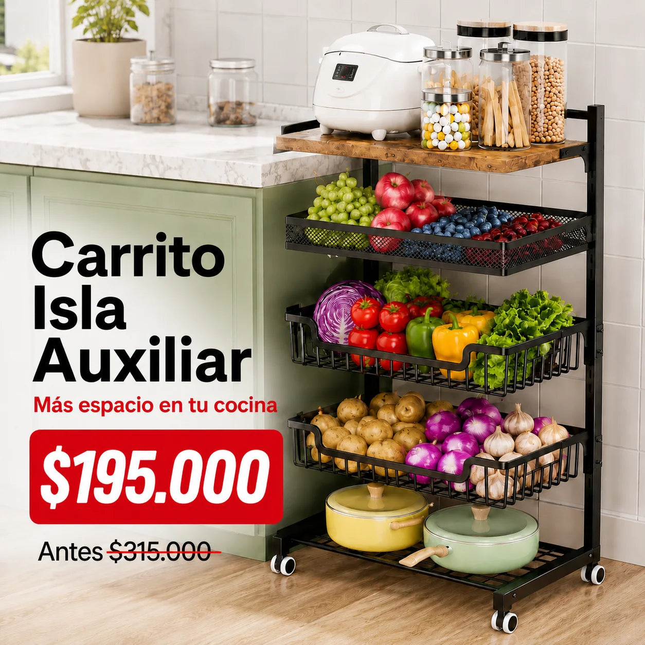 Carrito o Isla Auxiliar de Cocina 5 Niveles con Ruedas