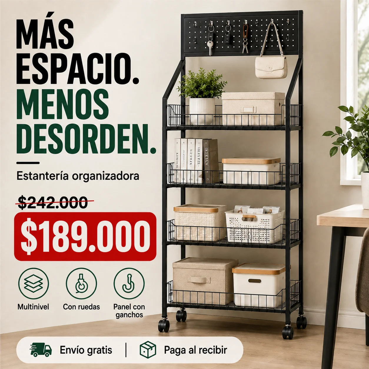 Estantería Organizadora Multinivel con Ruedas y Panel de Ganchos