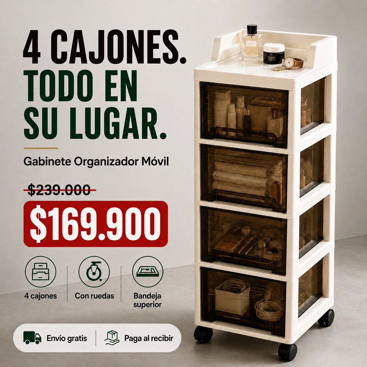 Gabinete Organizador Móvil de 4 Cajones con Ruedas 360°