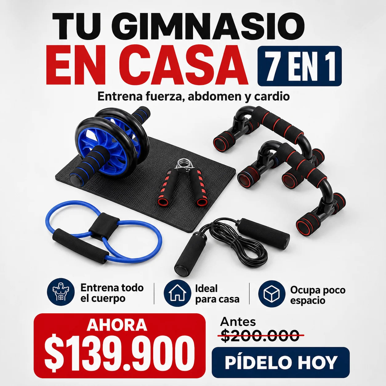Kit Gimnasio en Casa 7 en 1 – Entrenamiento Completo de Fuerza, Abdomen y Cardio