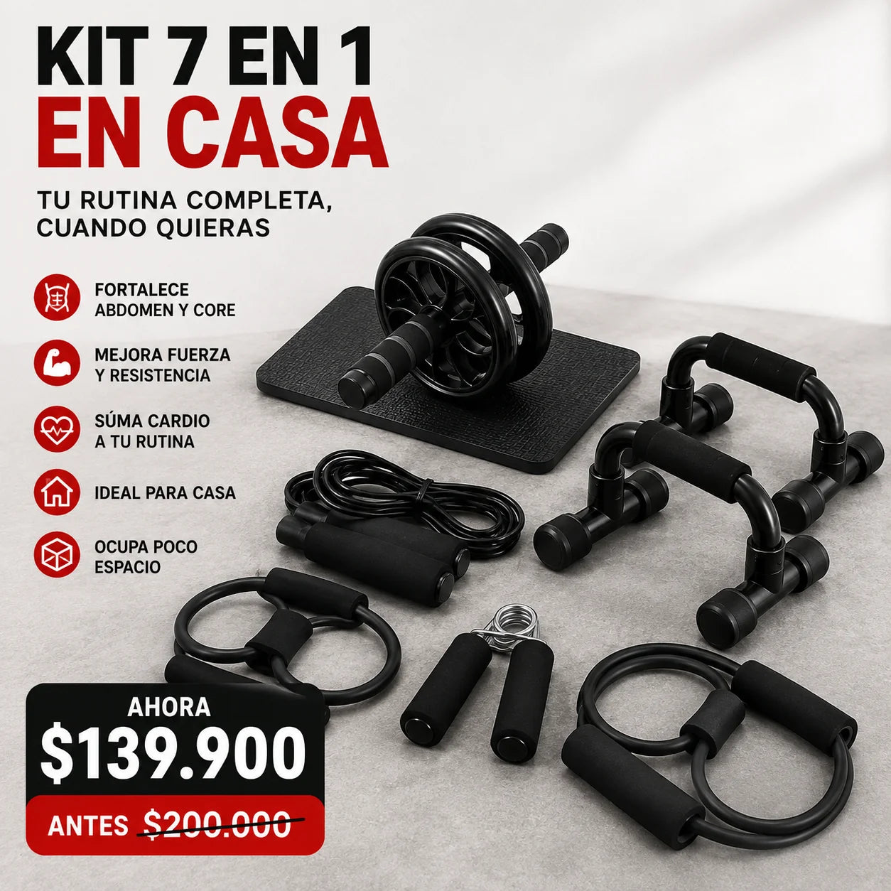 Kit Gimnasio en Casa 7 en 1 – Entrenamiento Completo de Fuerza, Abdomen y Cardio