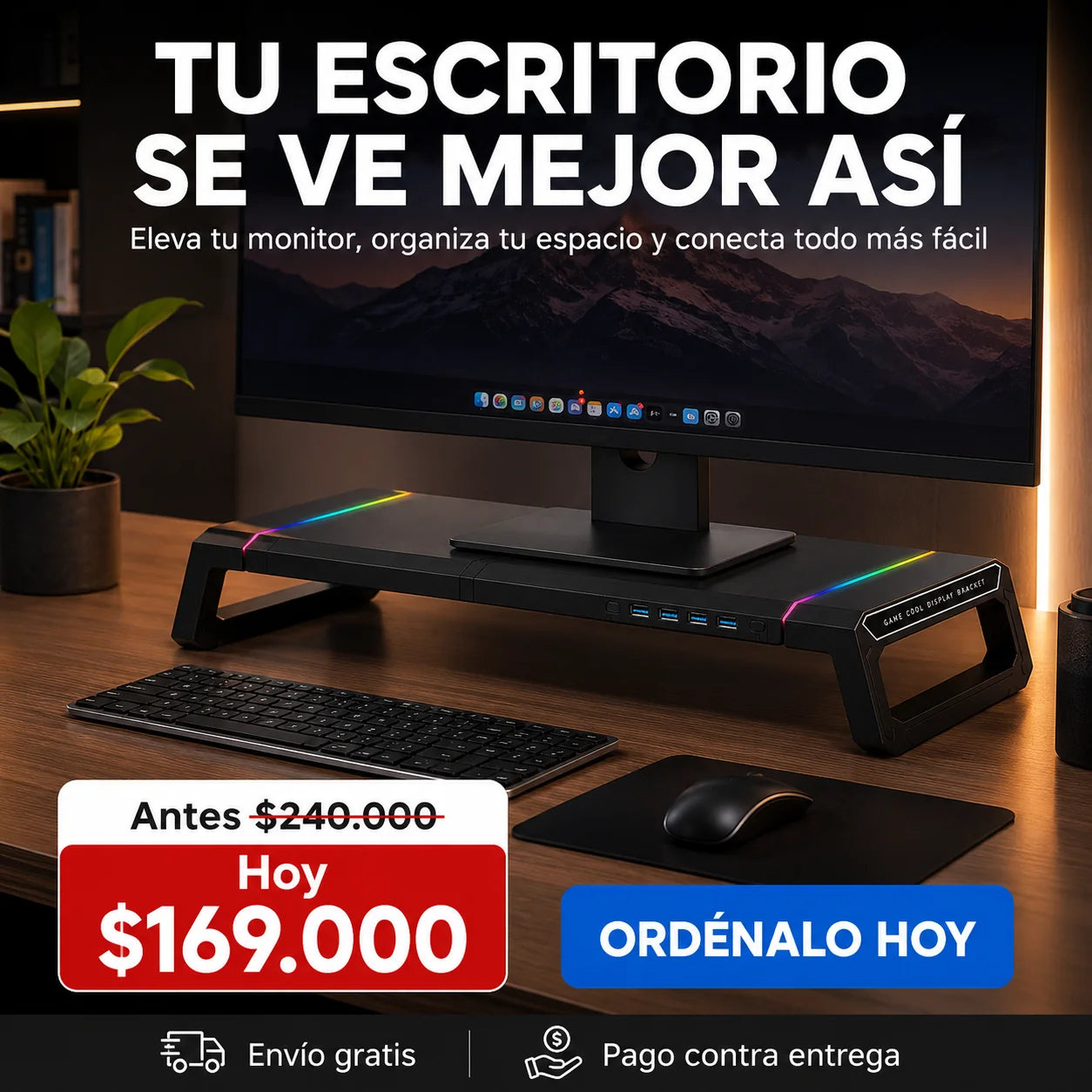 Soporte Elevador Premium para Monitor con Hub 4 USB