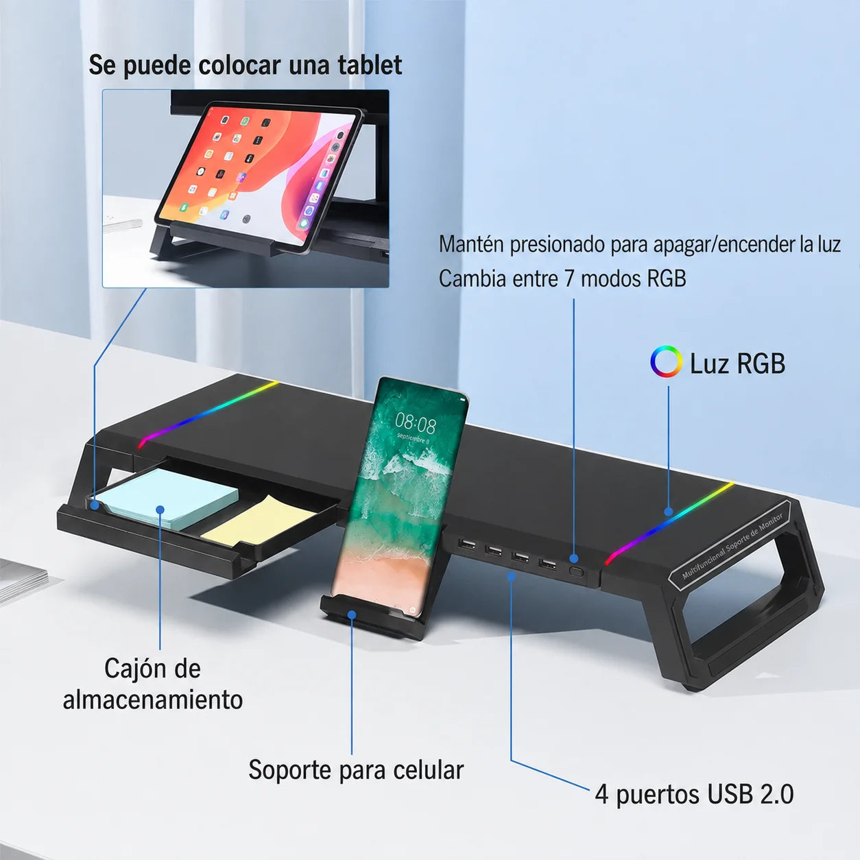 Soporte Elevador Premium para Monitor con Hub 4 USB