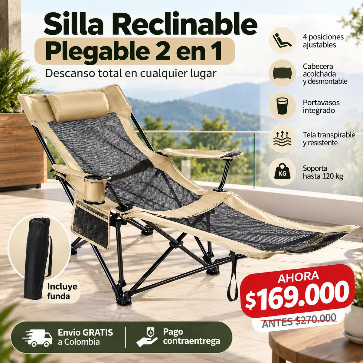 Silla Reclinable Plegable 2 en 1 con Reposapiés Ajustable – Descanso Total