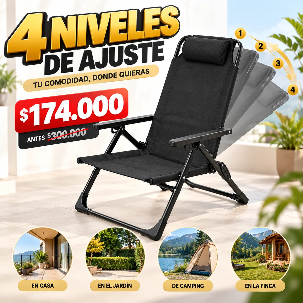 Silla Reclinable Plegable de 4 Posiciones | Camping, Casa y Descanso