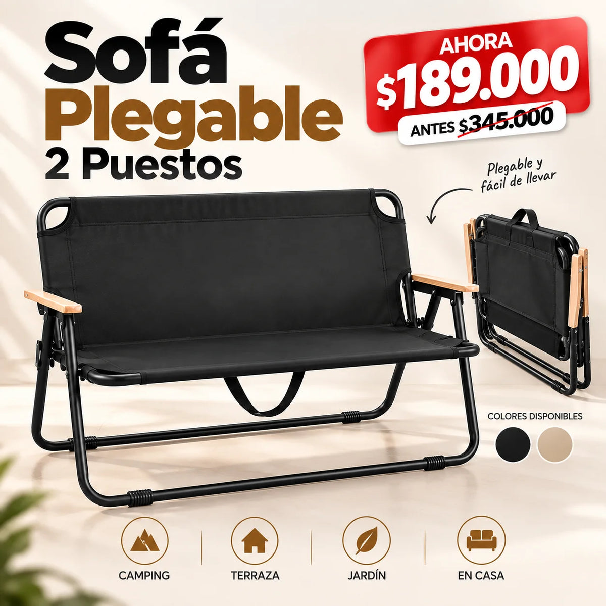 Sofá Plegable Doble para Camping, Exterior y Reuniones | 2 Puestos