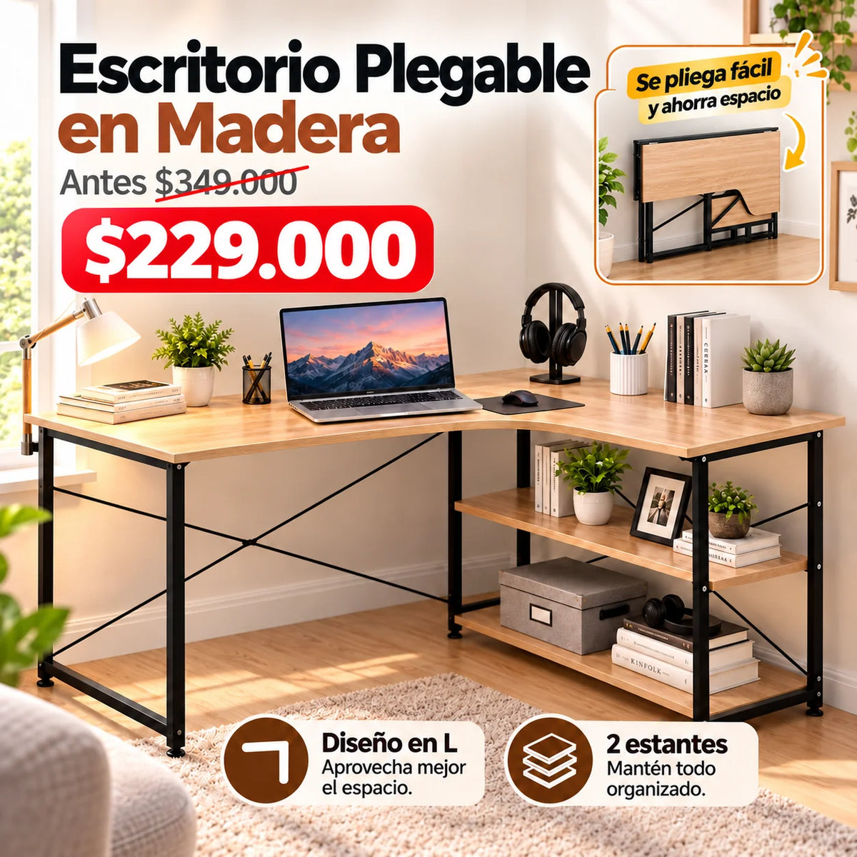 Escritorio Esquinero Plegable en L con 2 Estantes – Amplio y Ahorrador de Espacio